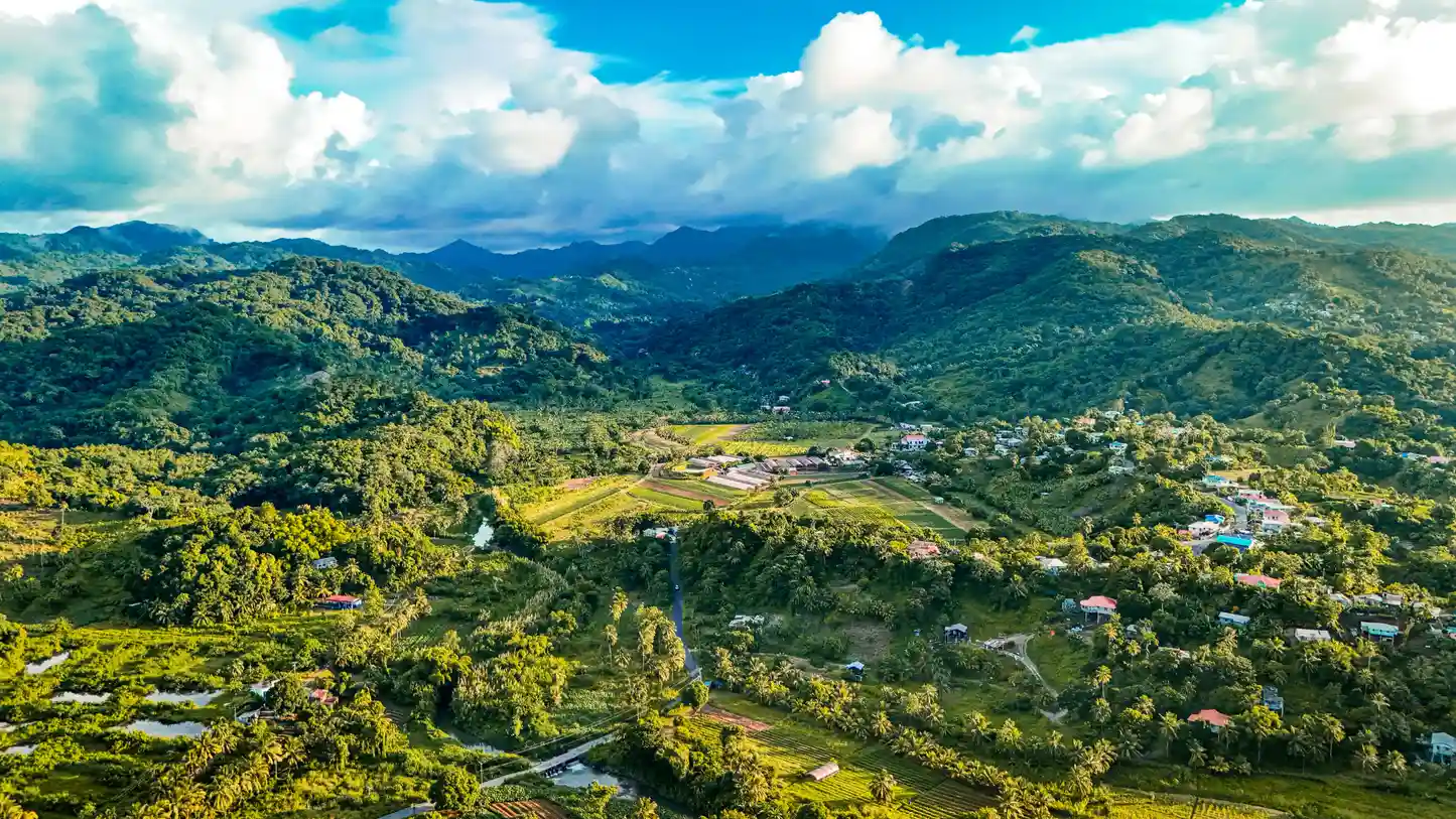 Aerial view of Saint Lucia coastline and Caribbean landscape